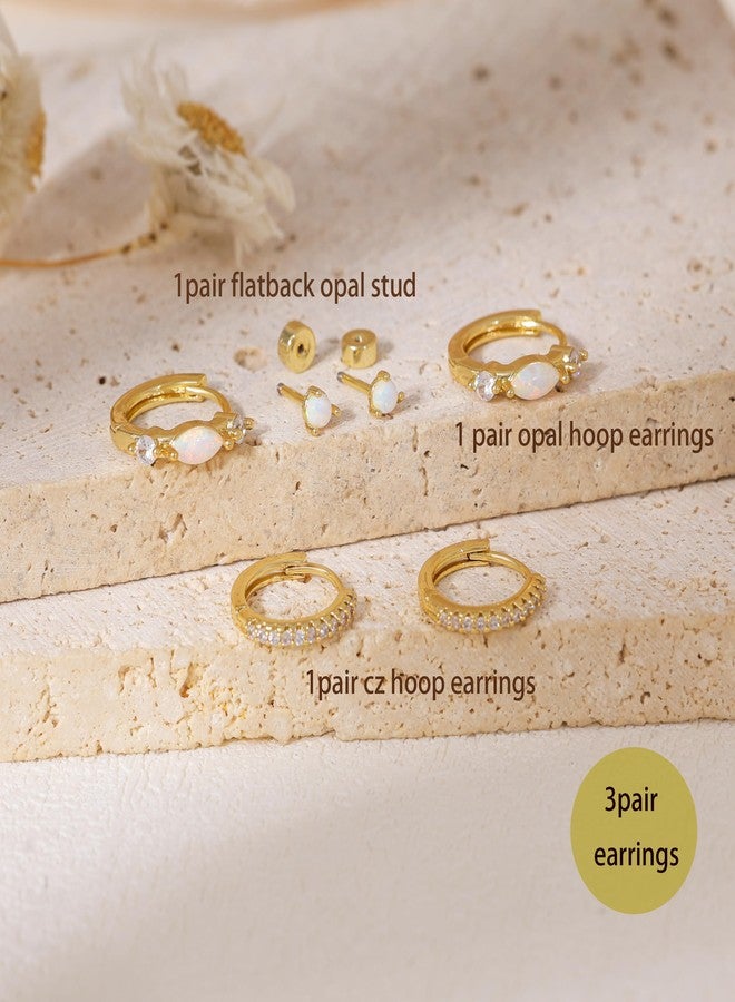 Ewrkbrㅤ Ewrkbr Opal Earrings Set for Women,14K Gold Plated Flat Back Cartilage Earring Stacks Hypoallergenic Dainty Small Hoop Huggie Earrings for Women Trendy Cute Helix Piercing Jewelry Sets - Image 5
